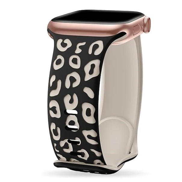 Gravírovaný řemínek 46 mm pro Apple Watch Series 10 Silikonový pásek s leopardím vzorem Nastavitelná velikost Prémiový silikon šedo-černá