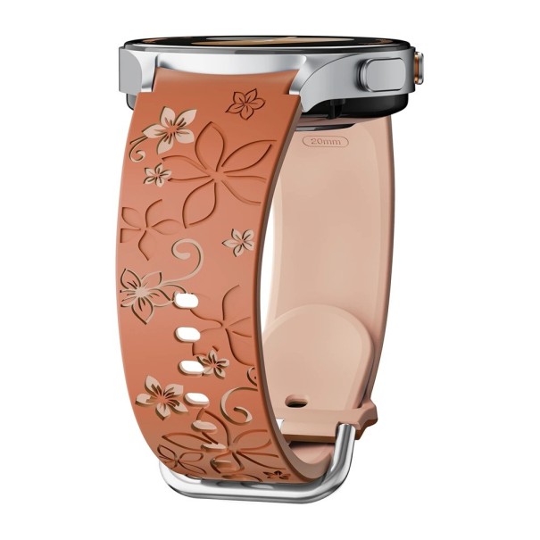 Gravírovaný silikonový řemínek pro Samsung Galaxy Watch 4 Classic 42 mm Dvoubarevný rytý květinový design Prodyšný měkký pohodlný sportovní pásek béžovo-hnědá