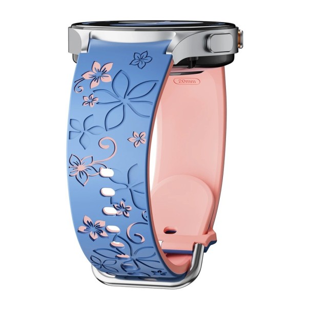 Gravírovaný silikonový řemínek pro Samsung Galaxy Watch 4 Classic 42 mm Dvoubarevný rytý květinový design Prodyšný měkký pohodlný sportovní pásek modro-růžová
