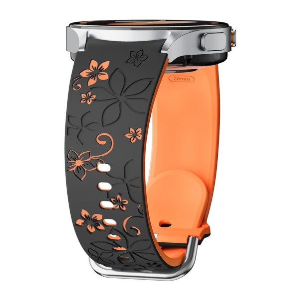 Gravírovaný silikonový řemínek pro Samsung Galaxy Watch 4 Classic 46 mm Dvoubarevný rytý květinový design Prodyšný měkký pohodlný sportovní pásek černo-oranžová