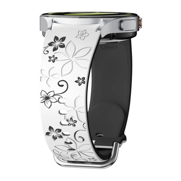 Gravírovaný silikonový řemínek pro Samsung Galaxy Watch 6 Classic 43 mm Dvoubarevný rytý květinový design Prodyšný pohodlný sportovní pásek bílo-černá