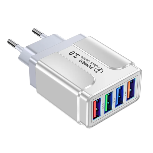 Γρήγορος φορτιστής 4× USB A QC 3.0 5V 3.1A γρήγορος φορτιστής με βύσμα ΕΕ προσαρμογέας φόρτισης για κινητό τηλέφωνο γρήγορη φόρτιση πολλών συσκευών λευκό