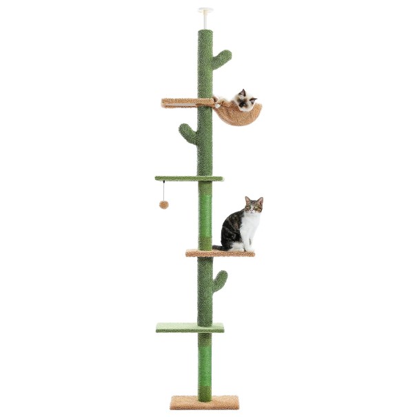 Griffoir pour chats 5 niveaux 229 cm Hauteur réglable Design cactus Hamac Jouet suspendu Corde et tapis en sisal 1