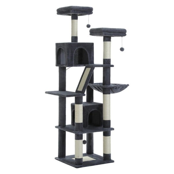 Griffoir pour chats d'une hauteur d'environ 180 cm avec maisons, hamac et plateformes pour 4 à 6 chats noir