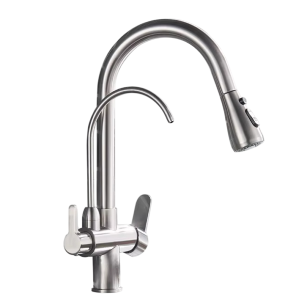 Grifo de cocina filtrante giratorio 360° con caño extraíble y 3 formas de mezclar agua caliente y fría, dimensiones 34x11,5 cm gris