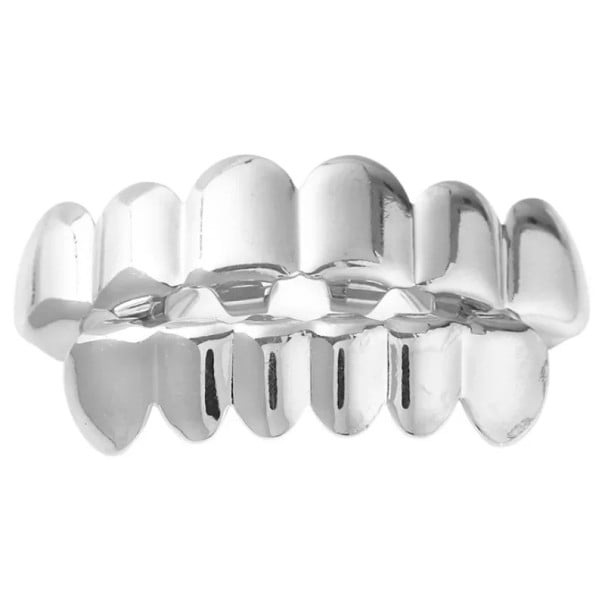 Grillz de hip hop dourados conjunto superior e inferior com acabamento brilhante Personalização em silicone Joias dentárias para homens prateado