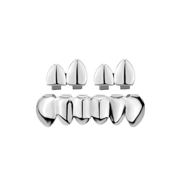 Grillz dentaires brillants 38x11 mm et 15x10 mm Accessoire Hip Hop Couleur dorée argentée Dents supérieures et inférieures Pour hommes femmes Cosplay Halloween Cadeau argenté