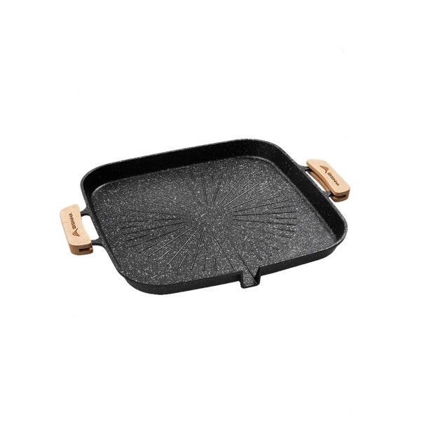 Grilovací pánev na BBQ 38 x 32 x 2,6 cm Nepřilnavý povrch a odtok tuku Hliníková slitina Černá s dřevěnými rukojeťmi Na kempink a piknik 1