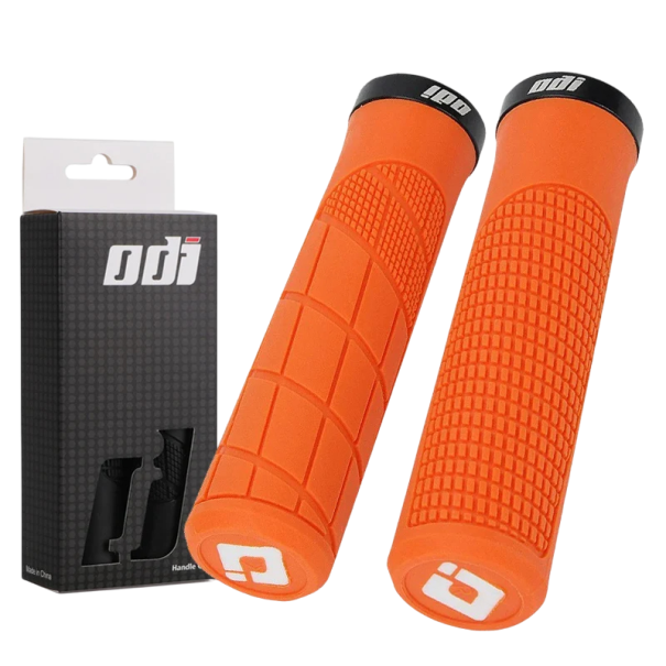 Grips ODI para guiadores 135 x 22,2 mm MTB BMX Manípulos de borracha macia com sistema de bloqueio Manípulos antiderrapantes para bicicleta laranja