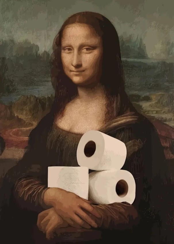 Grootformaat humoristisch schilderij Mona Lisa met 3 rollen toiletpapier 50 x 70 cm Parodistische decoratie voor het toilet Katoenen canvas zonder lijst 1