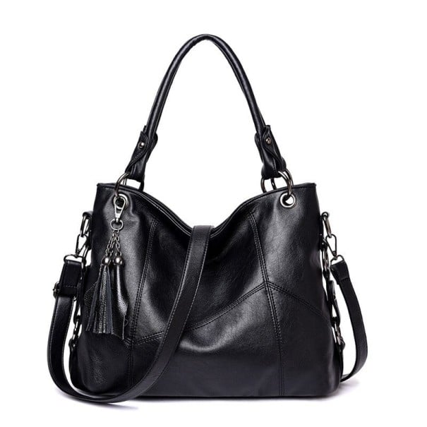 Große Damenhandtasche für die Hand und über die Schulter 37 x 27 x 14 cm Mit oberem Griff und abnehmbarem Riemen Dekorativer Quasten schwarz