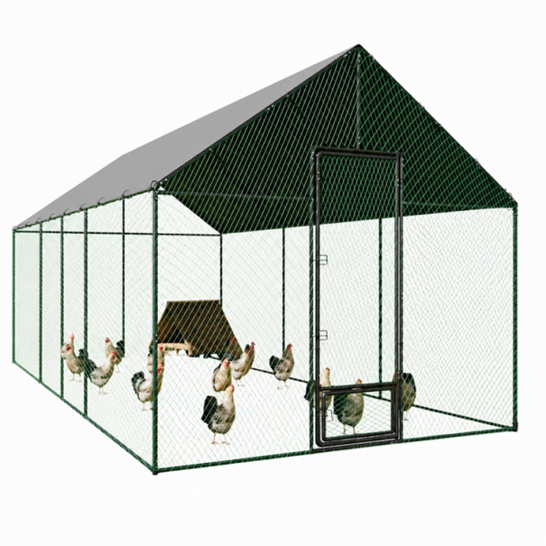 Großer Hühnerstall für Geflügel mit Nylonnetz und Abdeckplane, 602 x 300 x 276 cm, Metallkonstruktion, Voliere für den Garten