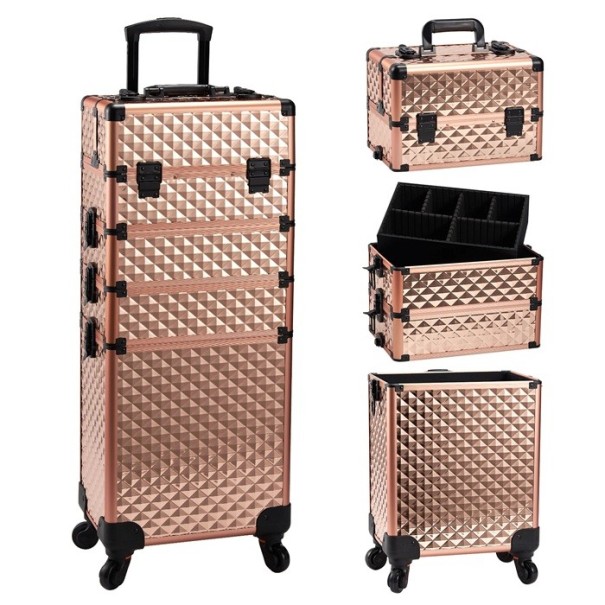 Großer Make-up-Koffer 4 in 1 mit Rollen 34 x 25 x 76 cm Verschließbarer Kosmetikkoffer aus PVC Professioneller Kosmetikorganisator golden