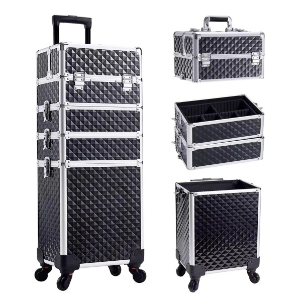 Großer Make-up-Koffer 4 in 1 mit Rollen 34 x 25 x 76 cm Verschließbarer Kosmetikkoffer aus PVC Professioneller Kosmetikorganisator schwarz