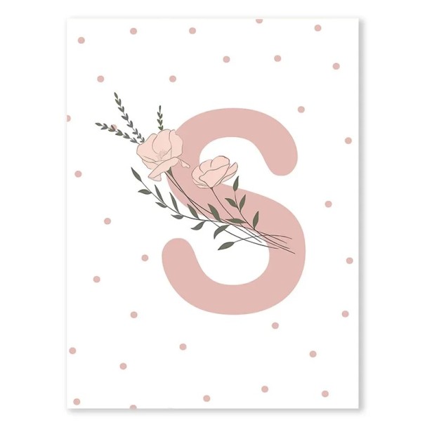 Großformatiges Poster 50 x 70 cm Rosa Buchstabe „S“ mit Blume Minimalistisches Leinwandbild ohne Rahmen Wanddekoration 1