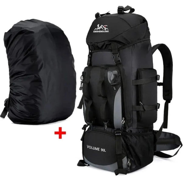 Großvolumiger Wanderrucksack 90 l mit Regenhülle Befestigungsriemen 85 x 35 x 20 cm Seitentasche und Hüftgurt Für Trekking und Expeditionen schwarz