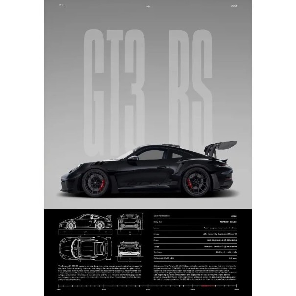 GT3-RS juliste urheiluauto sivuprofiili 40 x 60 cm kangastuloste musta auto ilman kehystä seinäkoriste asuntoon 1
