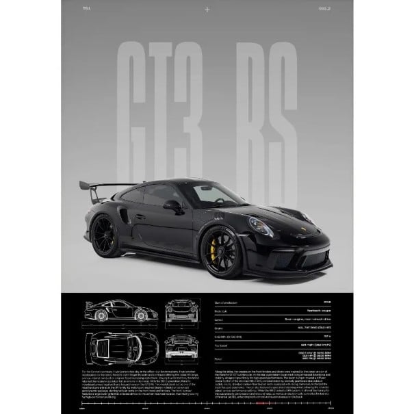 GT3-RS seinäjuliste luksus urheiluauto 20 x 30 cm kangastuloste musta auto ilman kehystä sisustus 1