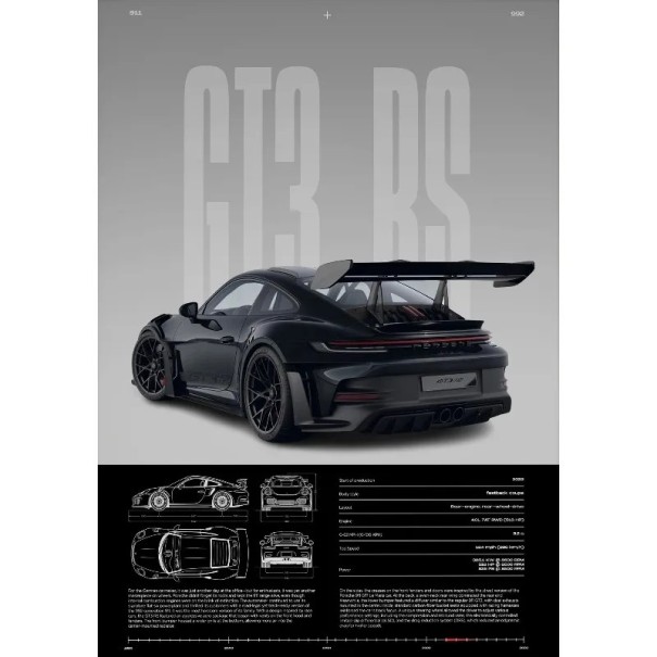 GT3-RS-seinäjuliste urheilu luksusauto takaa 20 x 30 cm kankaan painatus musta auto ilman kehystä sisustukseen 1