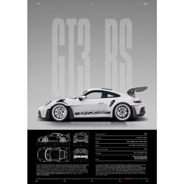 GT3-RS-seinäjuliste urheilullinen luksusauto 20 x 30 cm kangastuloste valkoinen auto ilman kehystä sisustuselementti 1
