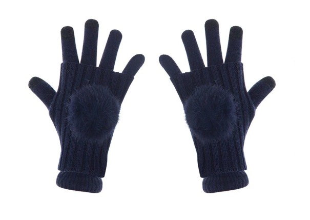 Guantes de invierno de punto para niños con pompón J2879 azul oscuro
