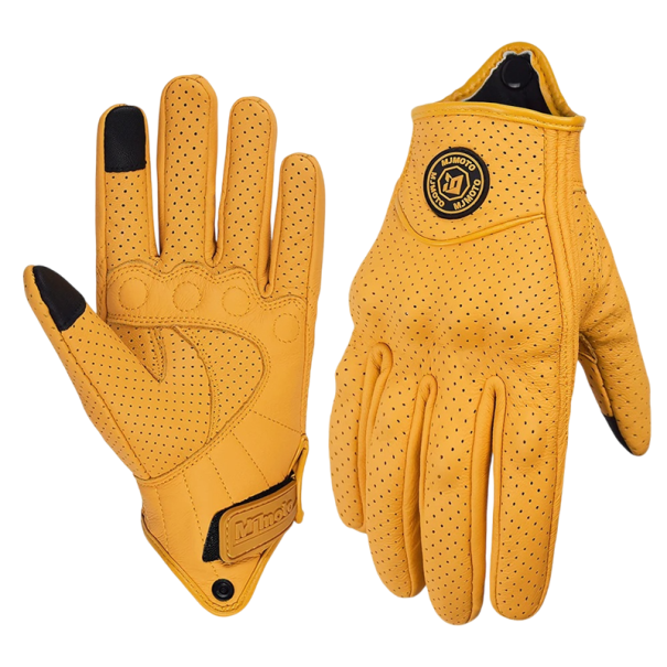 Guantes de moto de cuero amarillo retro para hombre y mujer, guantes de carreras perforados con protección para los nudillos y función táctil para motocross. M