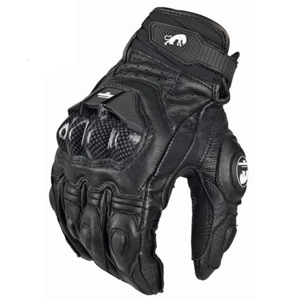 Guantes de motocicleta de cuero genuino negro y blanco para equipo de carreras de carretera, guantes para hombre con correa ajustable, transpirables, perforados y acolchados. negro XXL