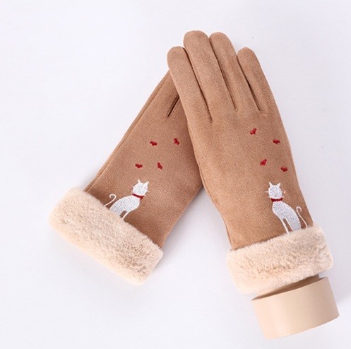 Guantes de mujer con estampado de gato J2830 marrón