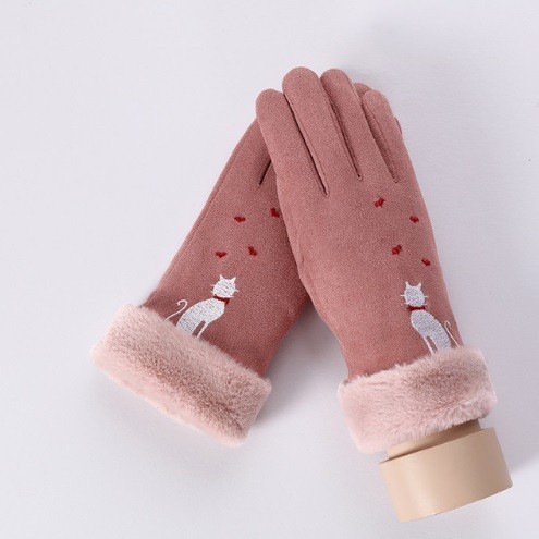 Guantes de mujer con estampado de gato J2830 rosa