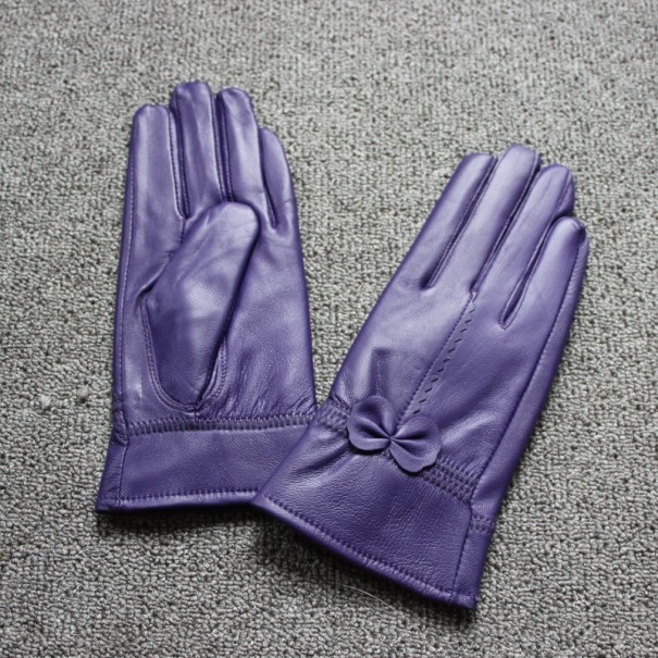 Guantes de piel para mujer con lazo morado