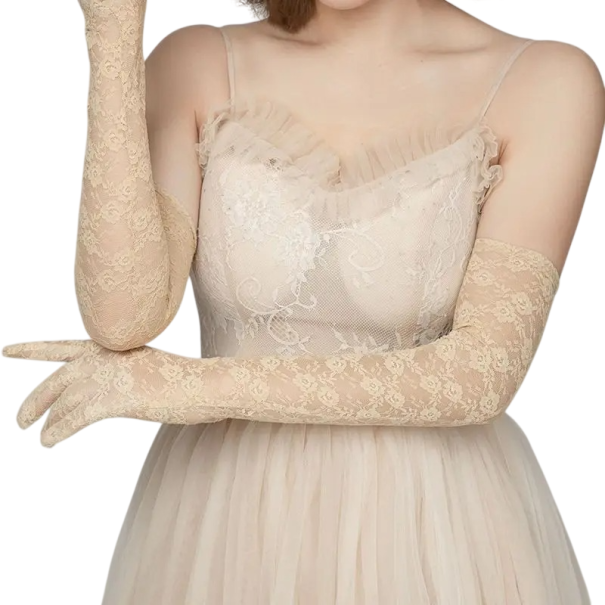 Guantes largos de encaje para mujer de 54 cm, de dedos completos, transpirables, de acrílico, nylon y elastano, guantes de fiesta para la noche y ocasiones formales beige