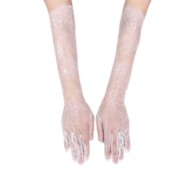 Guantes largos de encaje para mujer de dedos completos, transpirables, de poliéster, elegantes guantes de mano para ocasiones sociales y atuendos de noche blanco