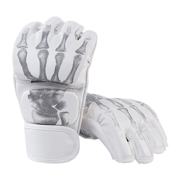 Guantes MMA sin dedos con estampado de huesos Guantes de boxeo para saco Adecuados para hombres y mujeres 24 x 13 x 5 cm blanco