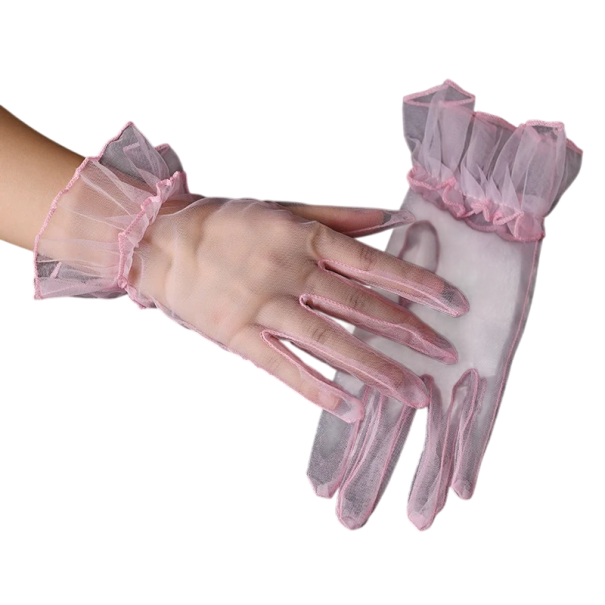 Guanti da donna in pizzo sottili trasparenti traspiranti in poliestere lunghi eleganti accessorio per serate rosa
