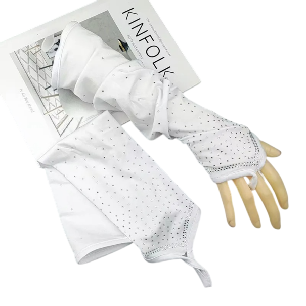 Guanti da donna lunghi senza dita con paillettes in poliestere traspirante guanti eleganti per occasioni festive e danzanti bianco