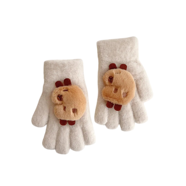Guanti di peluche per bambini taglia universale Guanti caldi con motivo di peluche di capibara in cotone per l'uso invernale Beige
