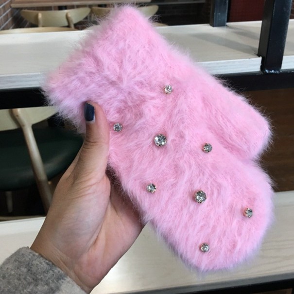 Guanti invernali da donna con strass rosa