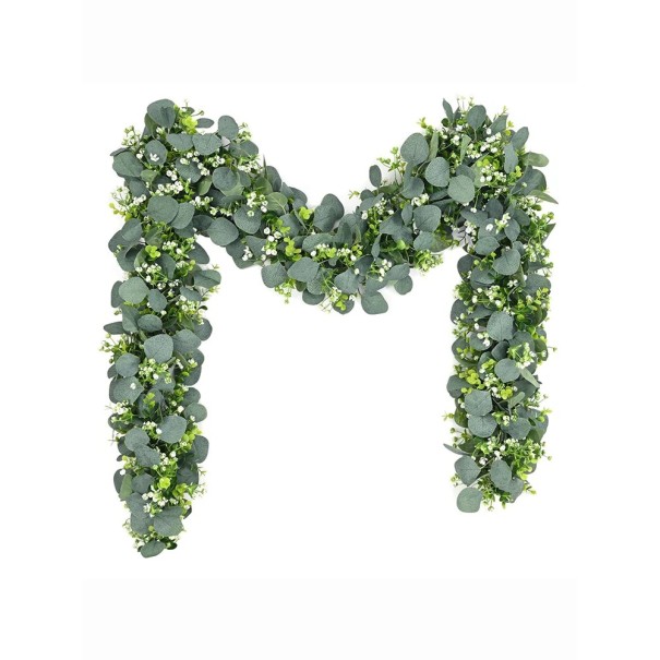 Guirlande artificielle avec des feuilles d'eucalyptus, des fleurs blanches et des baies 1 pièce Décoration printanière pour mariage, table, balustrade ou décoration intérieure 1