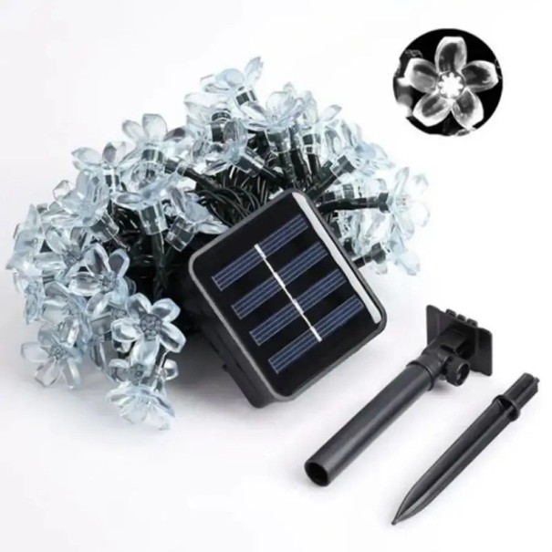Guirnalda de luces solares de 5 m y 20 LED, color blanco cálido, con flores de cerezo, para exteriores, impermeable, para decoración de jardín 1