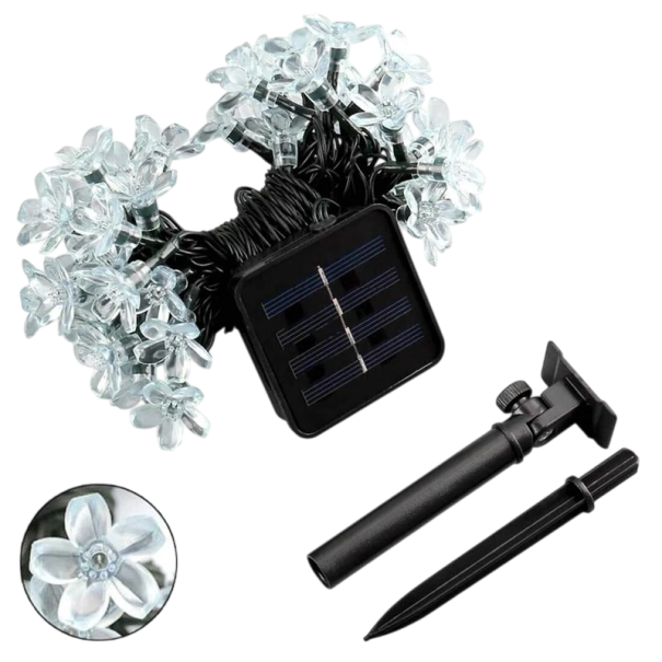 Guirnalda de luces solares de 7 m y 50 LED en color blanco frío con efecto flor de cerezo para decoración exterior, iluminación solar para balcones 1