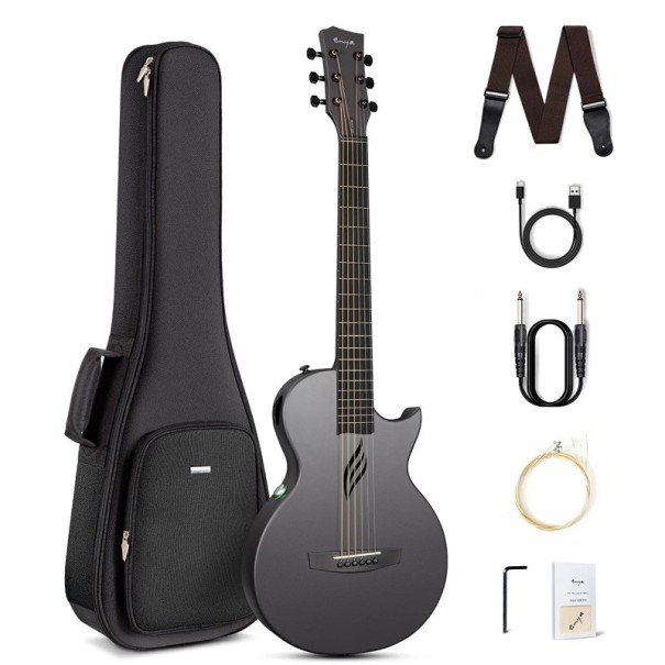 Guitarra eléctrica con sensor y Bluetooth, 35 pulgadas, fibra de carbono, batería de 2600 mAh, guitarra de viaje con estuche, correa gris oscuro