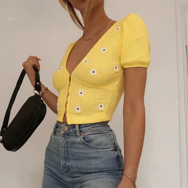Gul crop top för kvinnor med blommor