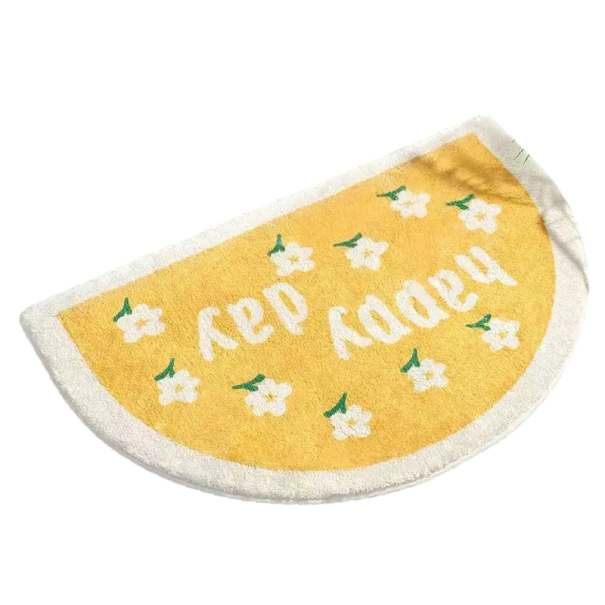 Gul halvcirkelformet badeværelsesmåtte med blomster og teksten Happy Day, 45 x 70 cm, plyssdesign med hvid ramme til badeværelset 1