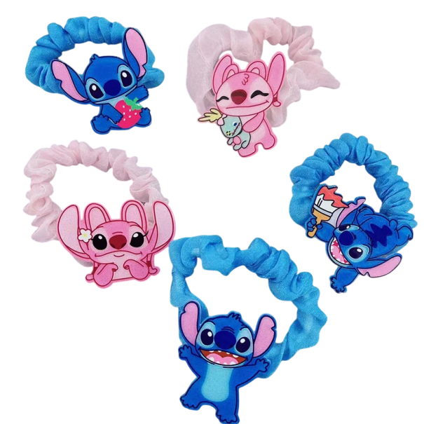 Gumiças de tecido com Stitch 5 pcs Rosa e azul scrunchie para crianças e adultos Acessório adorável Penteado sem puxar Elástico 1