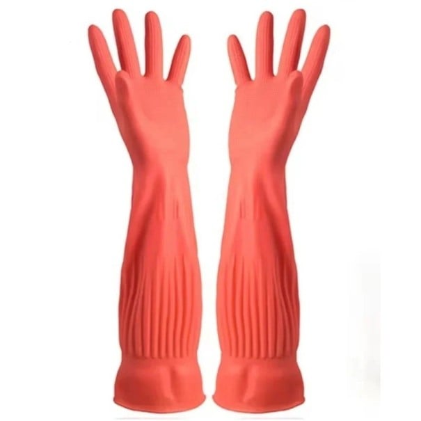 Gumové rukavice velikost L na mytí nádobí dlouhý rukáv 45 cm vodotěsné opakovaně použitelné kuchyňské pracovní rukavice červená