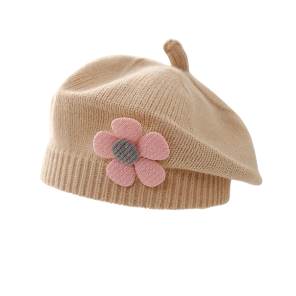 Gyerek kötött téli baret 1–3 év Polyester meleg baret 3D virággal Puha gyerek téli sapka elegáns kiegészítő barna