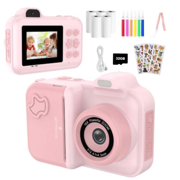 Gyerek polaroid fekete-fehér fényképek nyomtatására 16-szoros zoommal, beépített vakuval és videóval, Type-C töltéssel és 32 GB-os rózsaszín