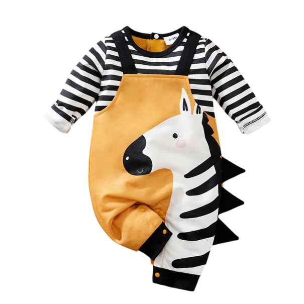 Gyermek overall hosszú ujjú és nadrággal Unisex zebramintával, rajzfilm felfüggesztőkkel és 3D sörénnyel Aranyos O-nyakú poliészter overall patentokkal 6-9 hónap