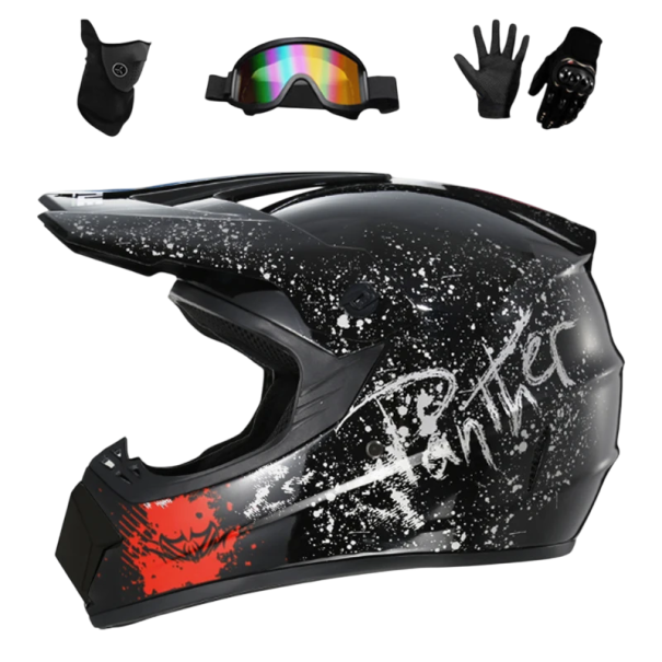 Gyermek teljes arcvédős motoros sisak szellőzőrendszerrel, napellenzővel, kesztyűvel, védőszemüveggel, maszkkal, tömör ABS mintával XL (59-60 cm)