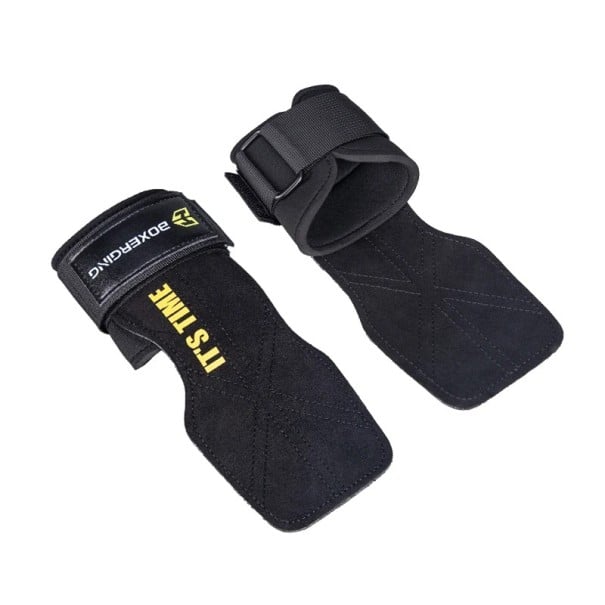Gymnastische Ledergriffe für die Klimmzugstange Größe M für Handflächenlängen über 19 cm, Griffe mit Band und D-Schnalle für Crossfit, Kreuzheben und Klimmzüge schwarz